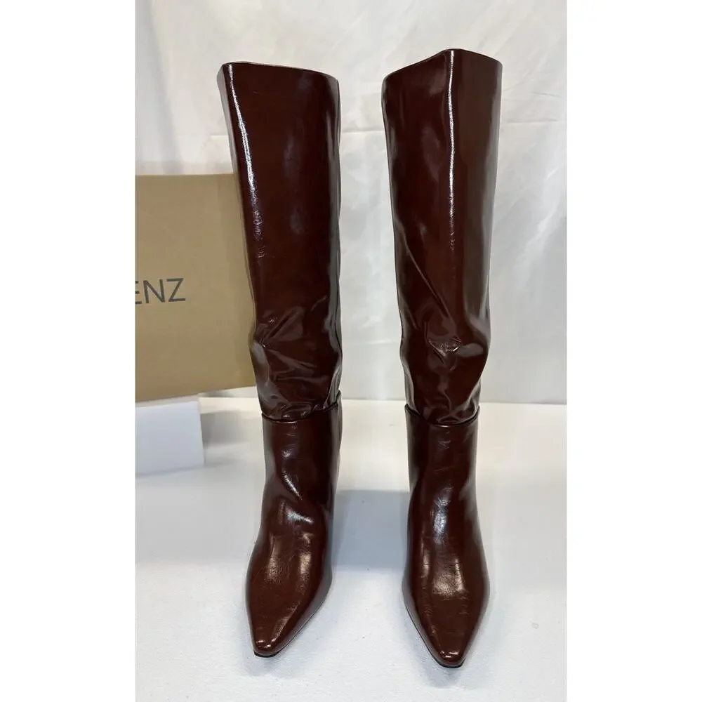 CELLENZ Faux Leather Knee High Boots Pointed Toe Low Kitten Heel Brown Size 8.5